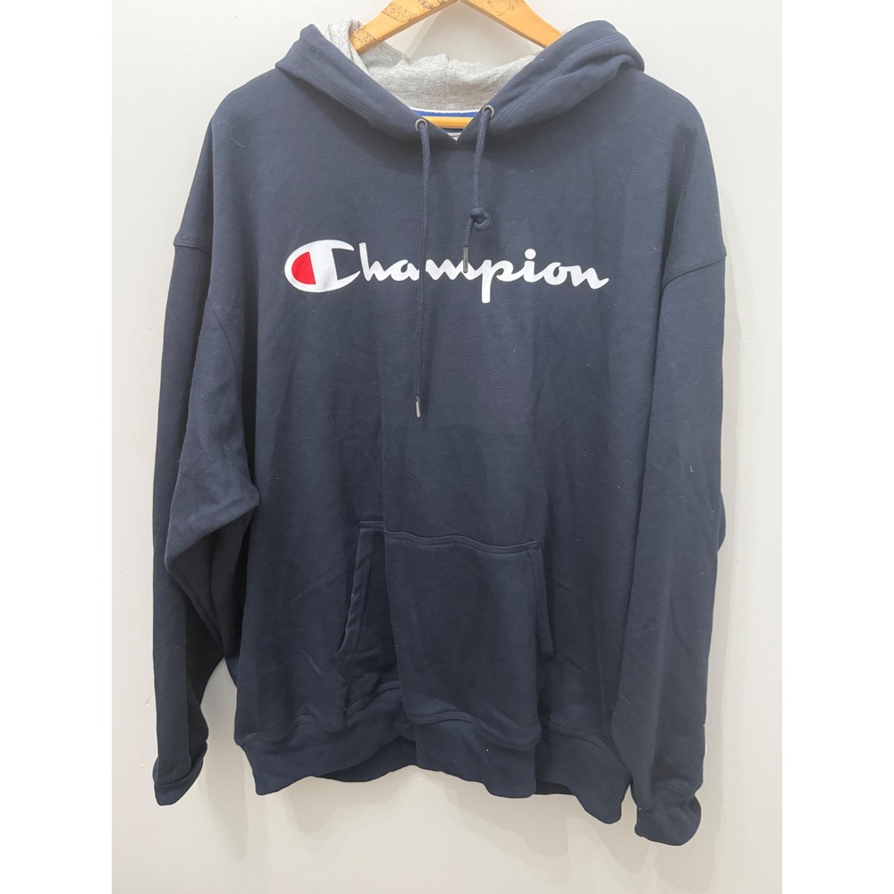 Champion Powerblend Navy Blue Pullover Hoodie Screen Print Script Logo Size 2XL